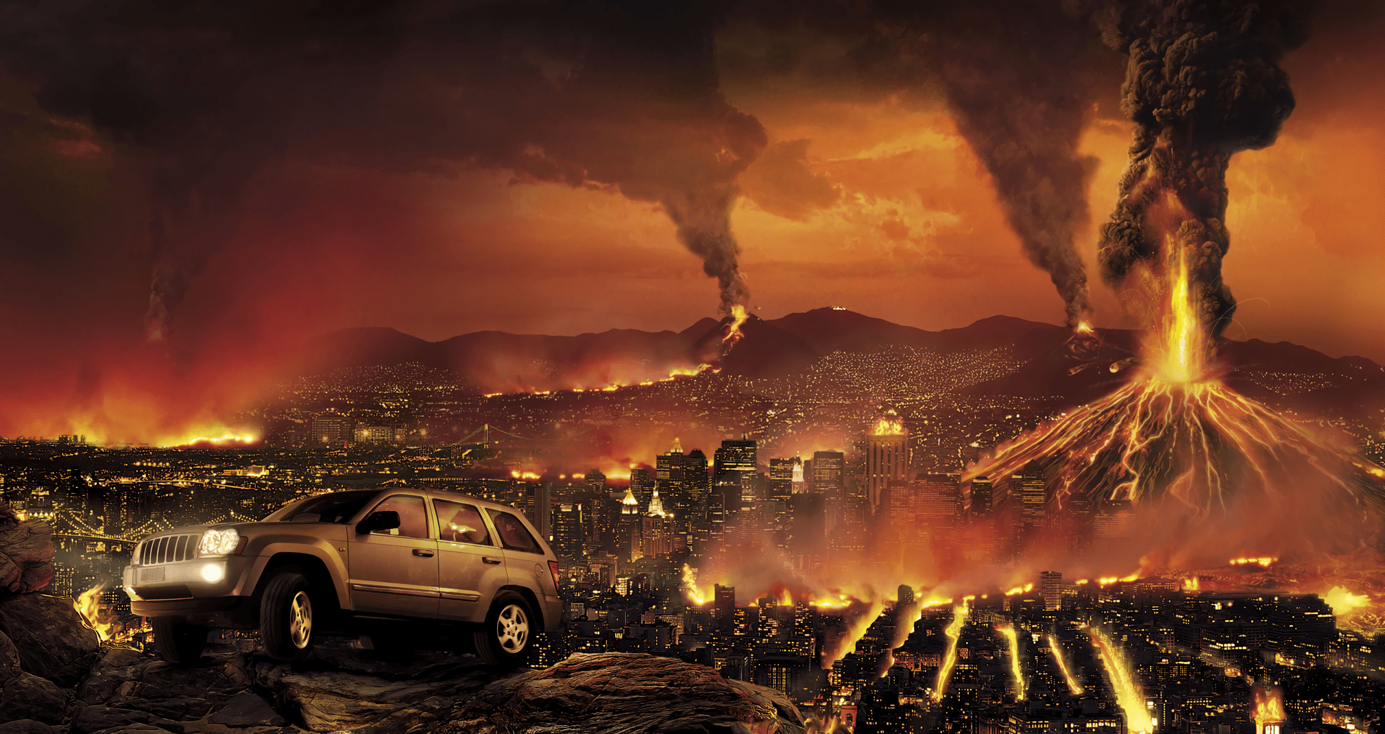 A limousine overlooking a city beneath an apocalyptic orange sky