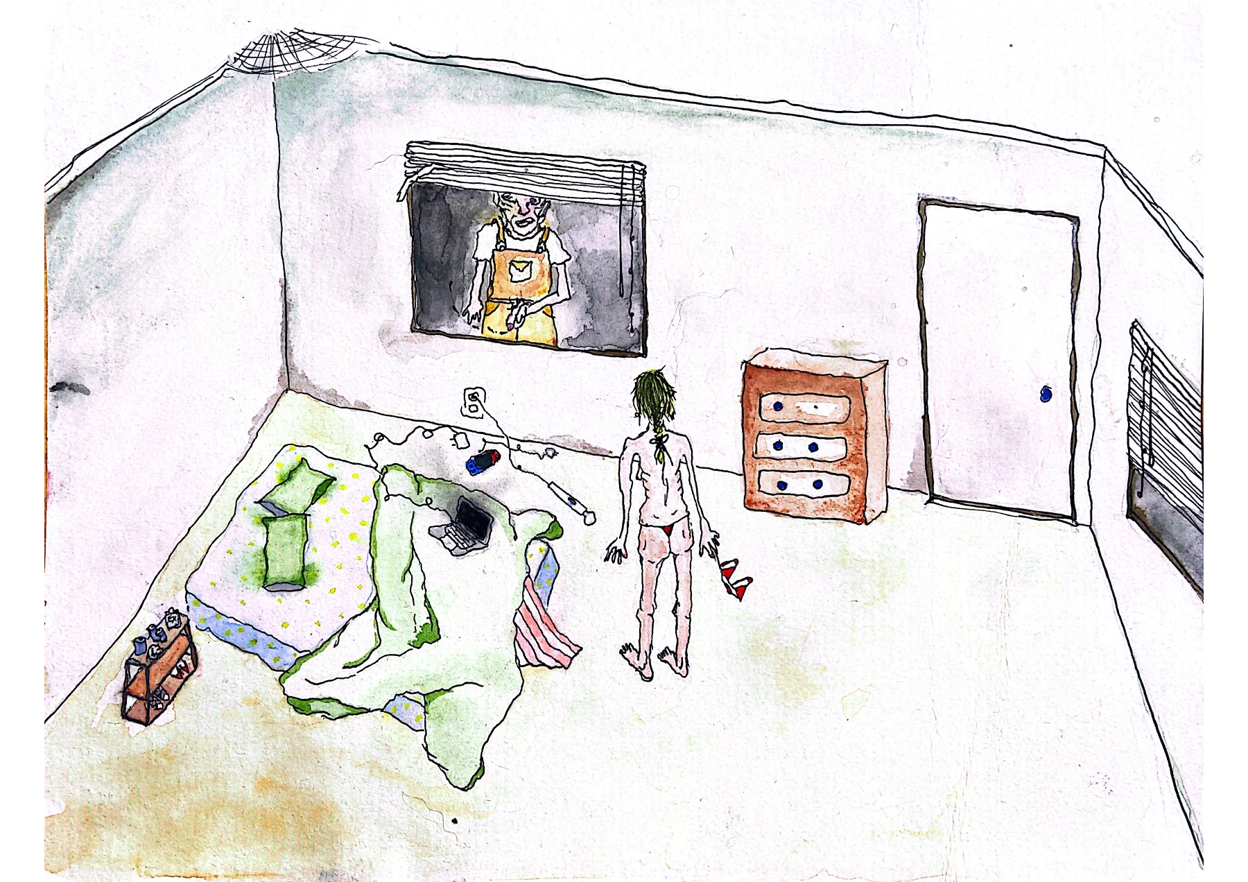 Keely Mettlen, Scopophiliac, watercolor and pen.
