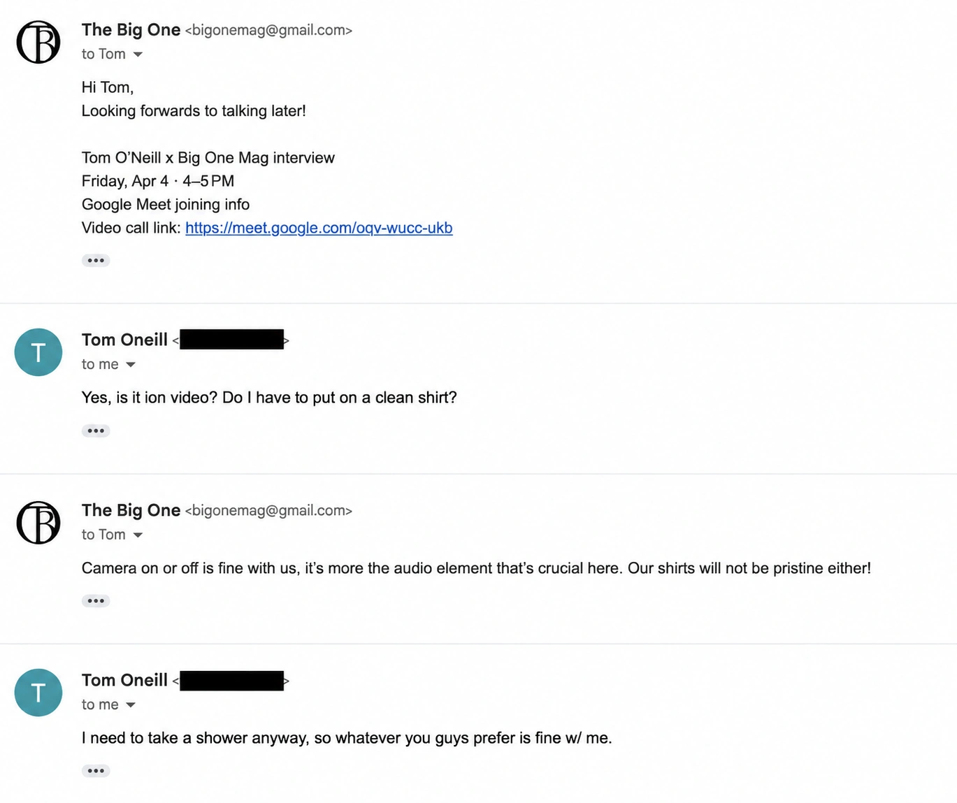 Email exchange arranging Tom O’Neill’s interview; his email address is redacted.