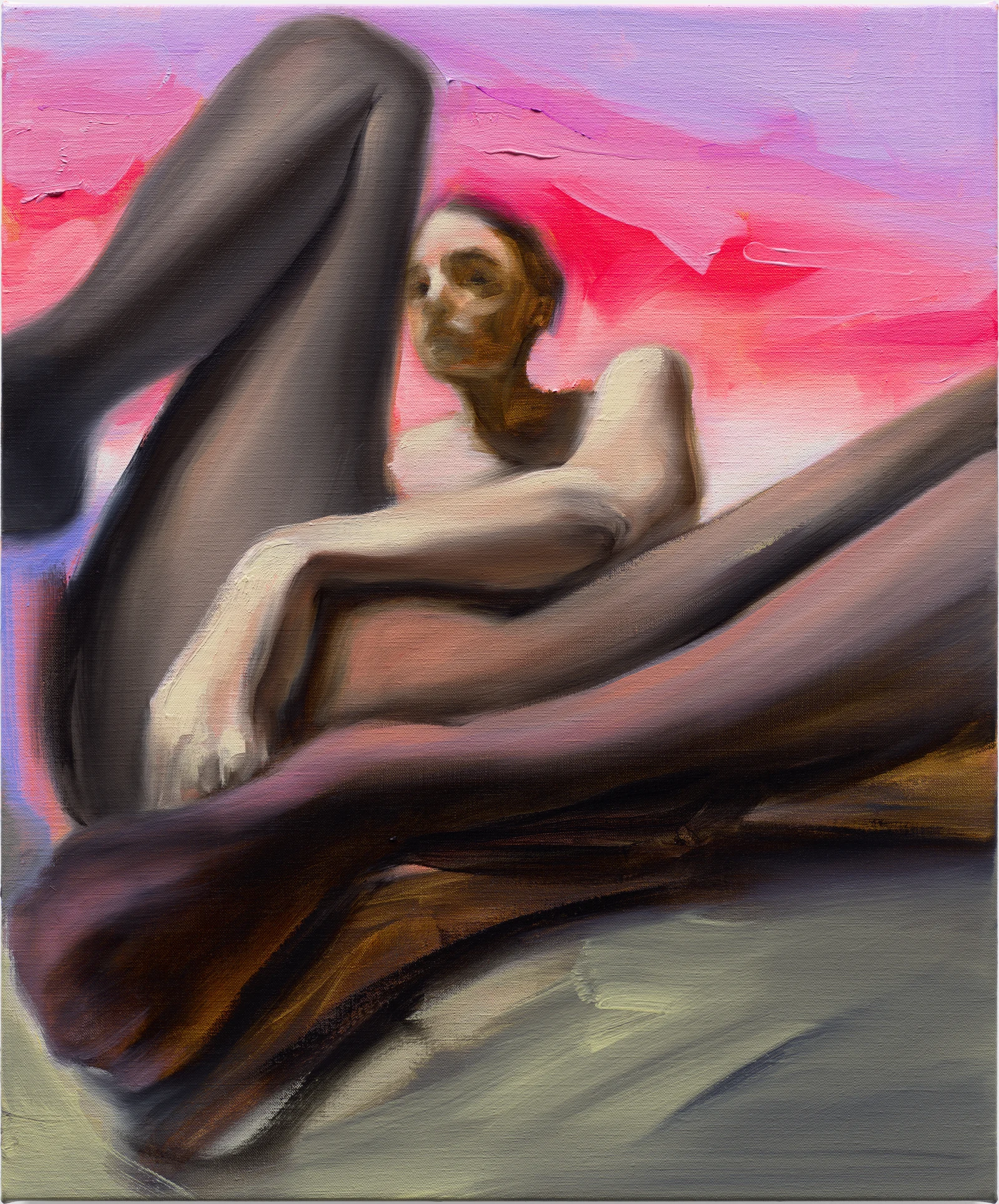 Amanda Wall, Tights Purple Sky, 2024, oil on linen, 24x20”